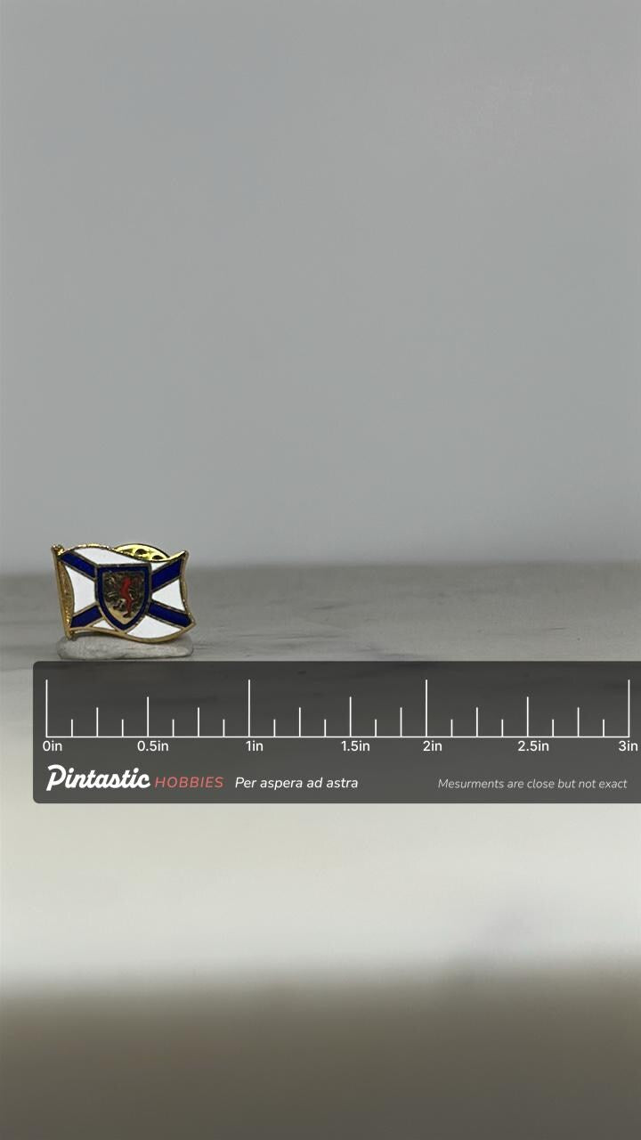 Nova Scotia Flag Enamel Pin: Gold Trim Blue White - Vintage Travel Accessory with ruler overlay for size reference