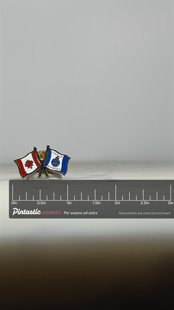 Canada Port of North Fraser Flag Pin: Red White Blue Enamel - Travel Souvenir Accessory with ruler overlay for size reference