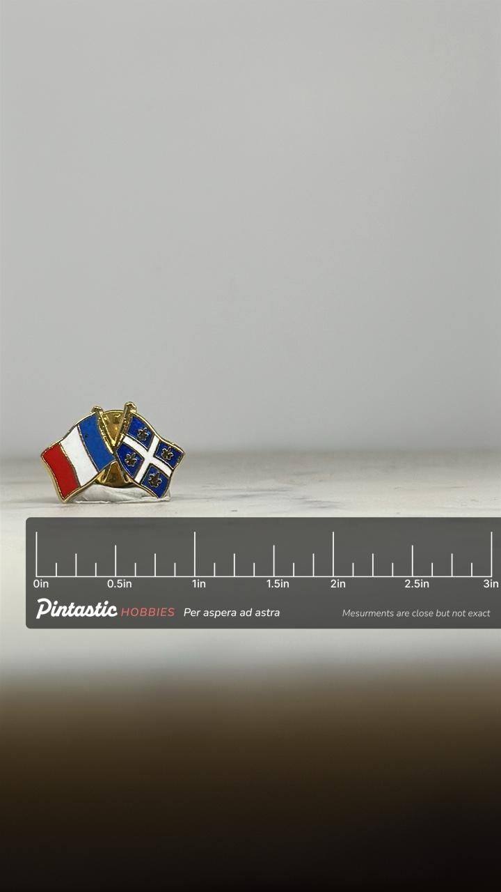 France & Quebec Flag Pin: Gold Tone Enamel - Friendship Theme Accessory with ruler overlay for size reference