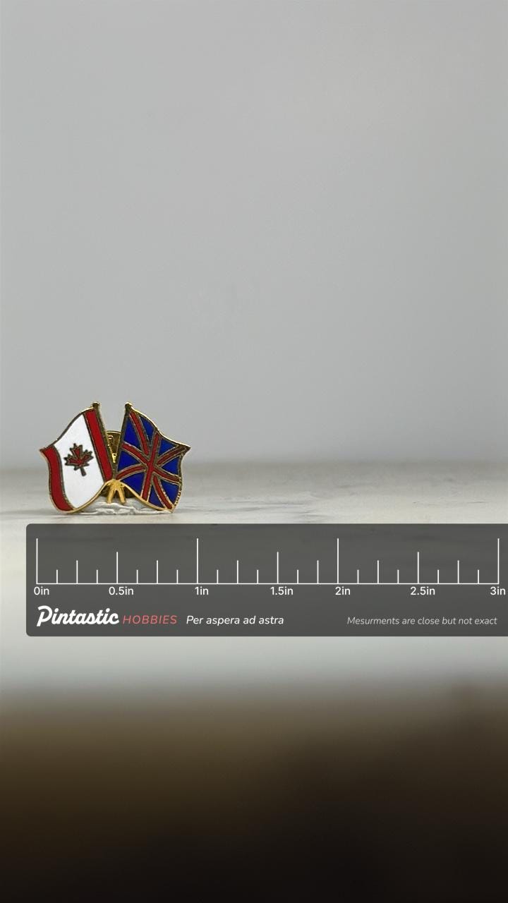 Canada UK Flag Enamel Pin: Gold Tone Soft Enamel - Patriotic Accessory with ruler overlay for size reference