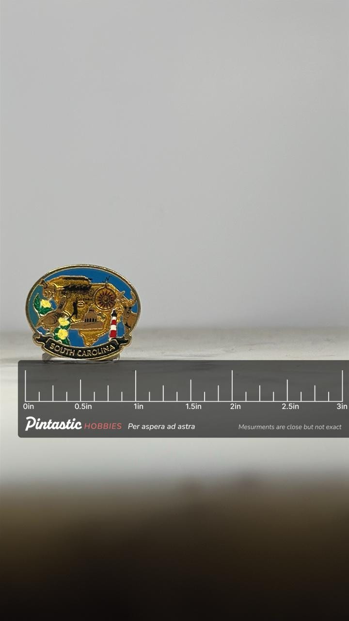 South Carolina State Pin: Multi-Color Enamel - Vintage Travel Accessory with ruler overlay for size reference