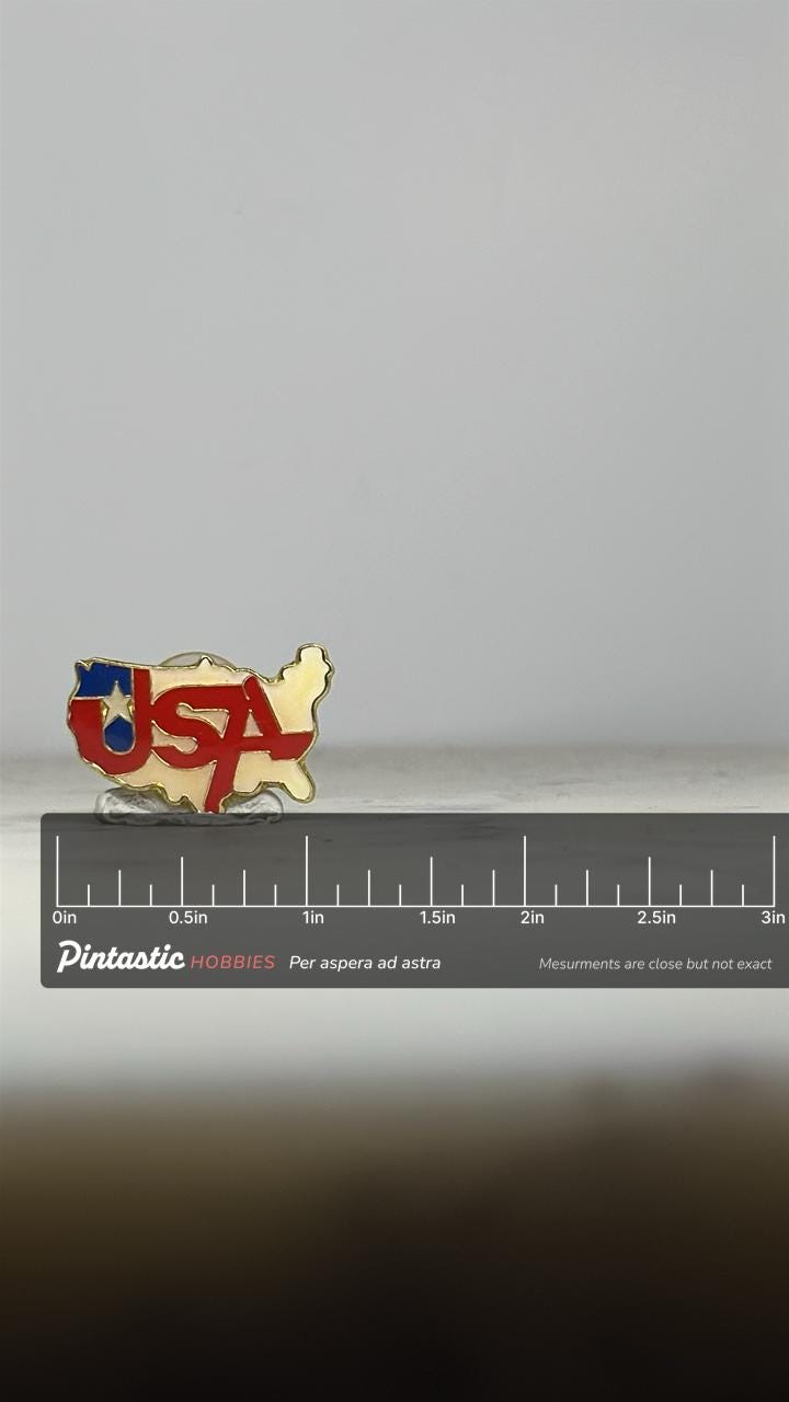 USA Map Enamel Pin: Red White Blue Goldtone - Patriotic Accessory with ruler overlay for size reference