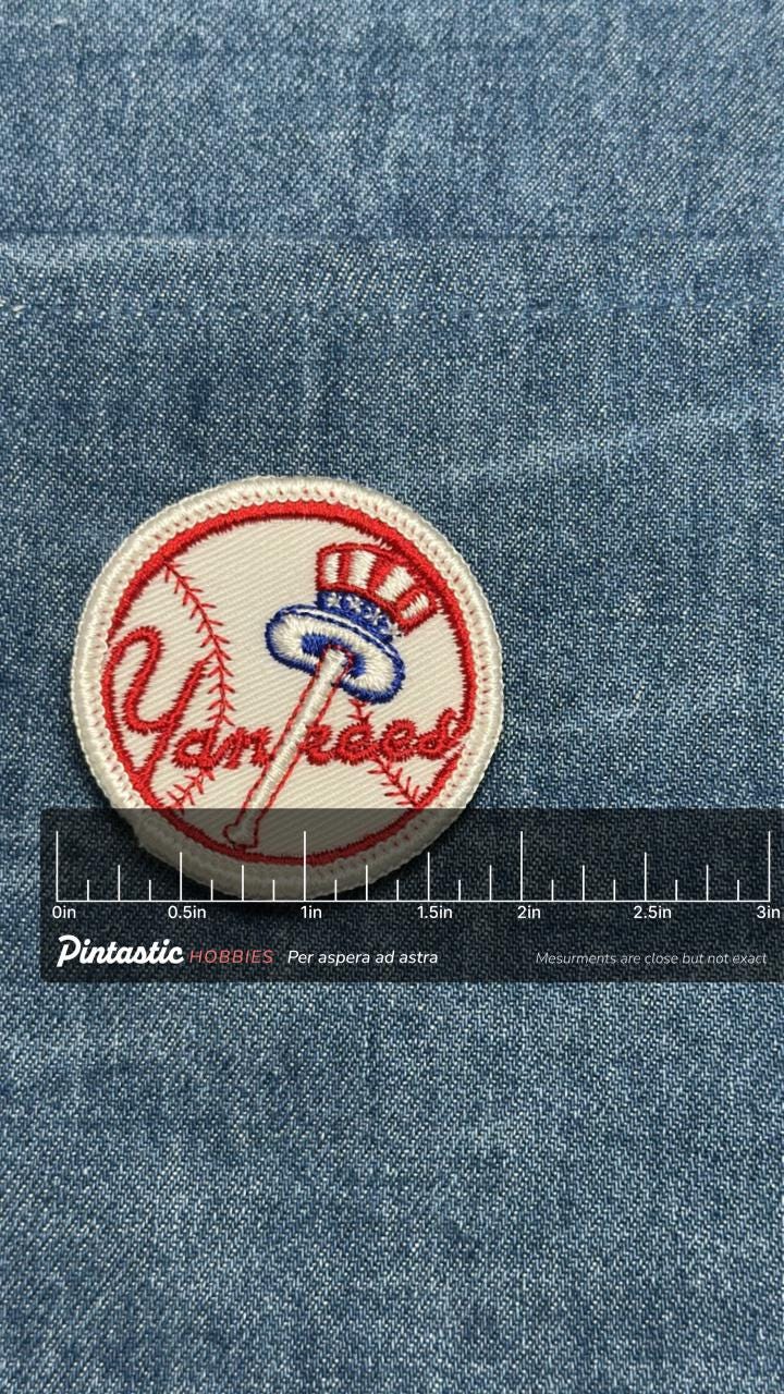 Yankees Embroidered Sew On Patch: Red White Blue - Vintage Baseball Accessory with ruler overlay for size reference