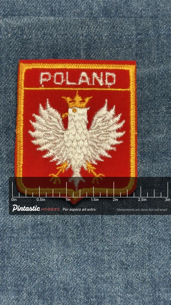 Poland Eagle Iron On Patch: Red & Gold Embroidered - Vintage Heritage Accessory with ruler overlay for size reference