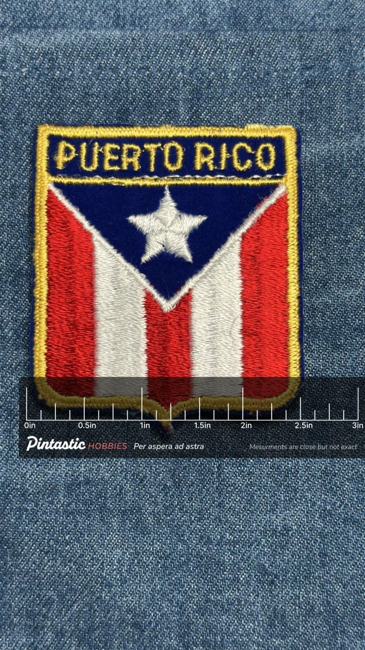 Puerto Rico Flag Iron On Patch: Embroidered Red White Blue - Vintage Travel Accessory with ruler overlay for size reference