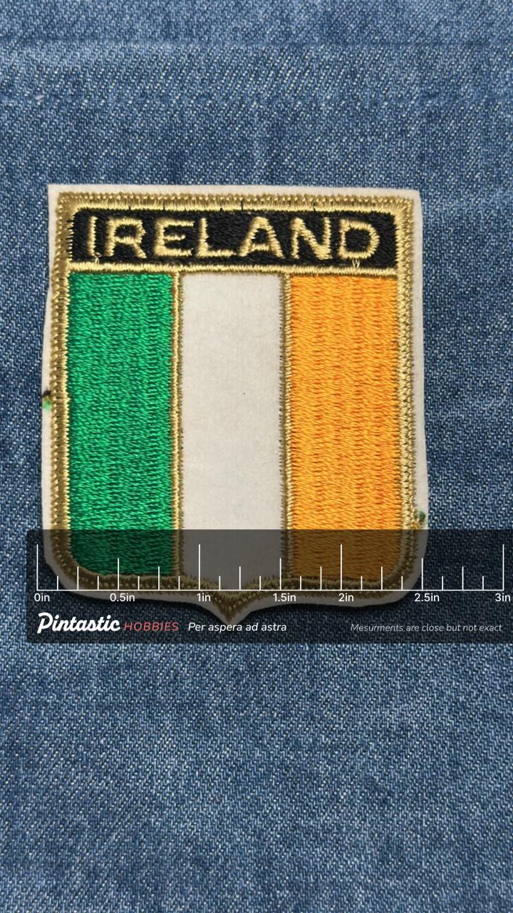 Ireland Flag Iron On Patch: Gold Trim Embroidered - Vintage Travel Souvenir with ruler overlay for size reference