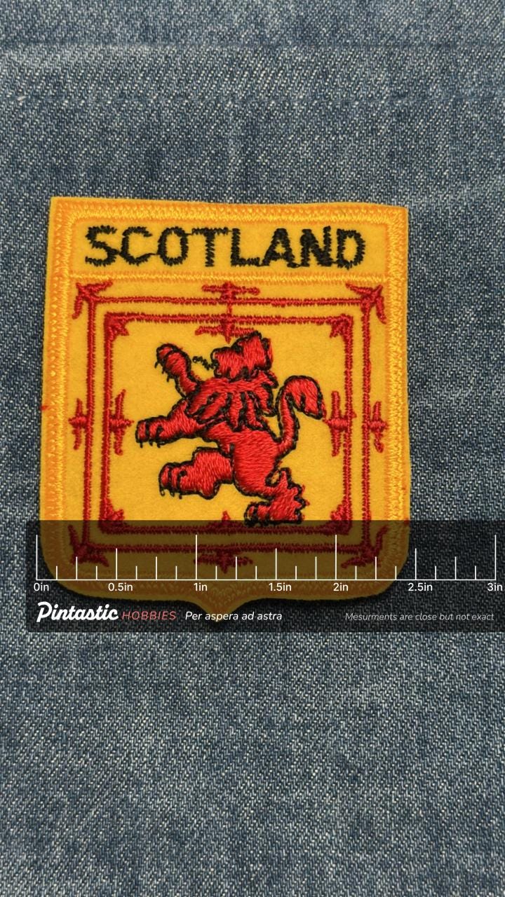 Scotland Flag Iron On Patch: Yellow Red Embroidered Crest - Vintage Travel Accessory with ruler overlay for size reference
