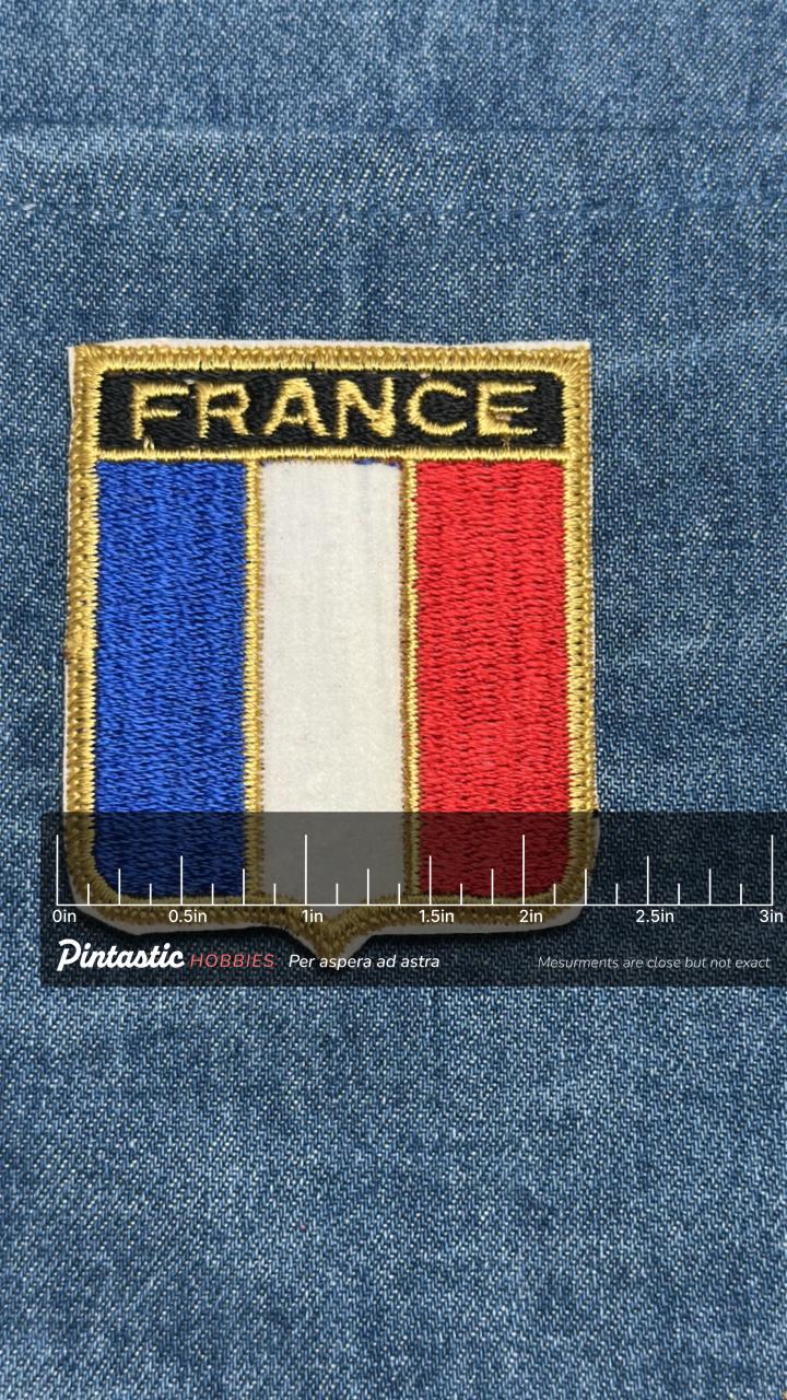 France Flag Iron On Patch: Gold Trim Embroidered - Vintage Travel Accessory with ruler overlay for size reference