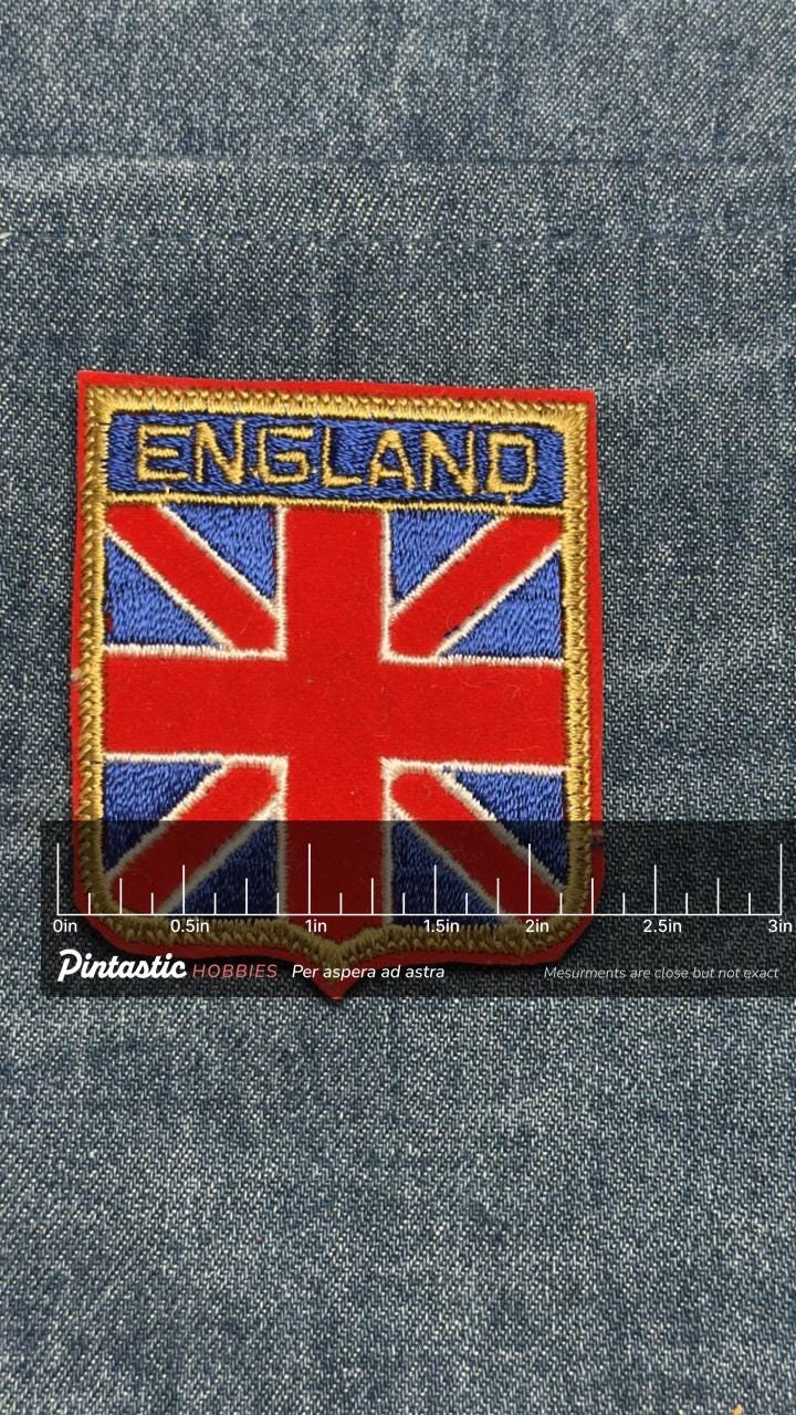 England Flag Iron On Patch: Red Blue Yellow Embroidered - Vintage Travel Accessory with ruler overlay for size reference