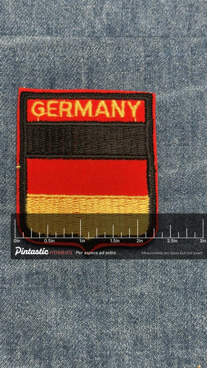 Germany Flag Iron On Patch: Red Yellow Black Embroidered - Travel Souvenir Accessory with ruler overlay for size reference