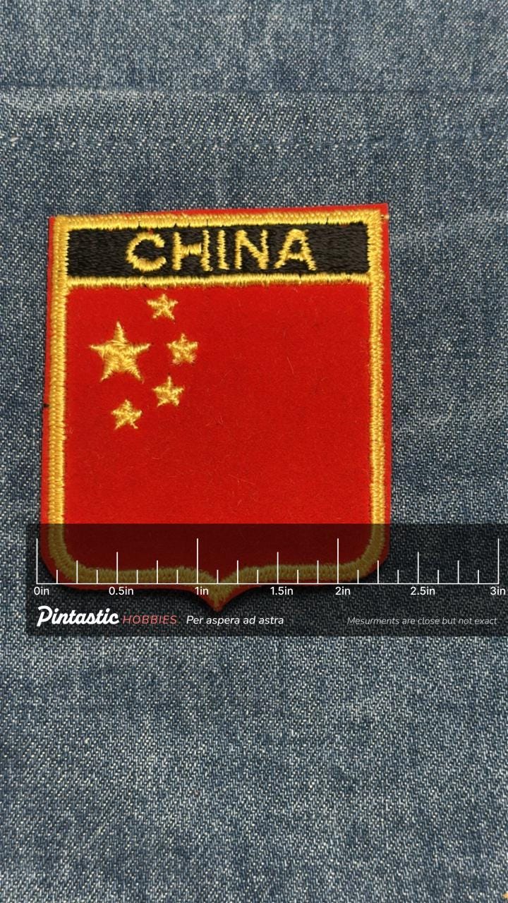 China Flag Iron On Patch: Red & Gold Embroidered - Travel Souvenir Accessory with ruler overlay for size reference