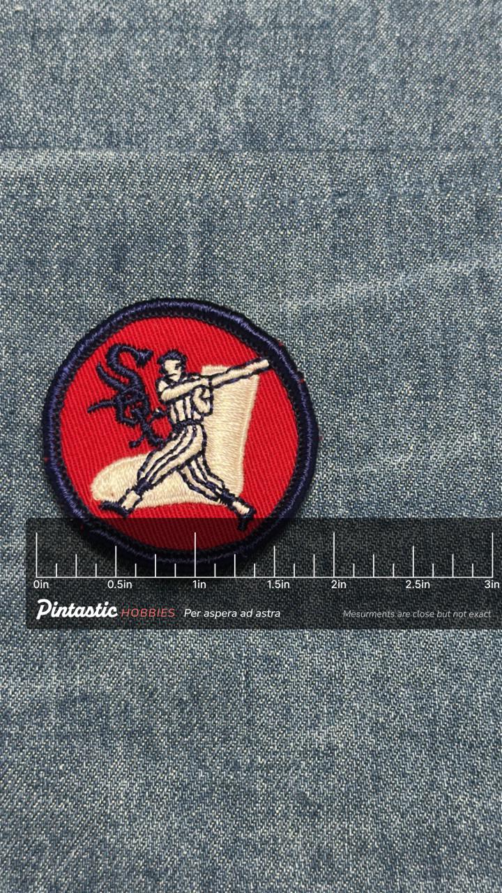 Chicago White Sox Patch: Red White Navy Embroidered - Vintage Sports Accessory with ruler overlay for size reference