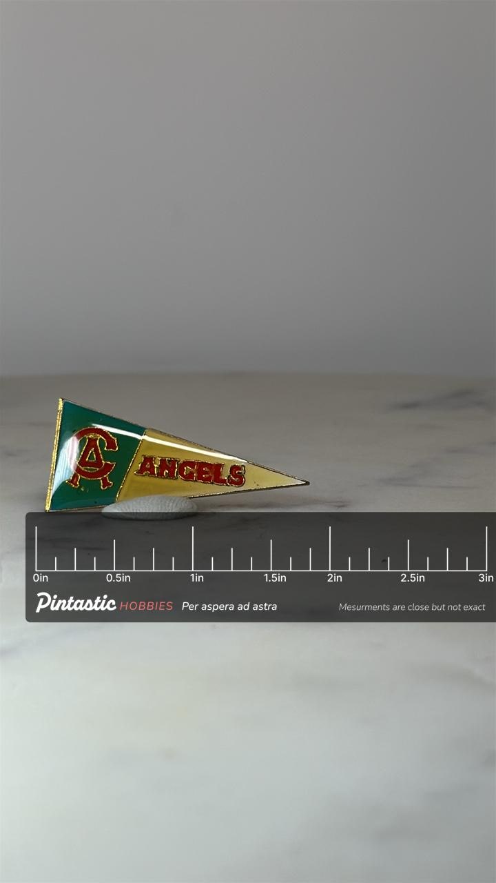 Angels Pennant Pin: Red Yellow Green Enamel - Vintage Sports Accessory with ruler overlay for size reference