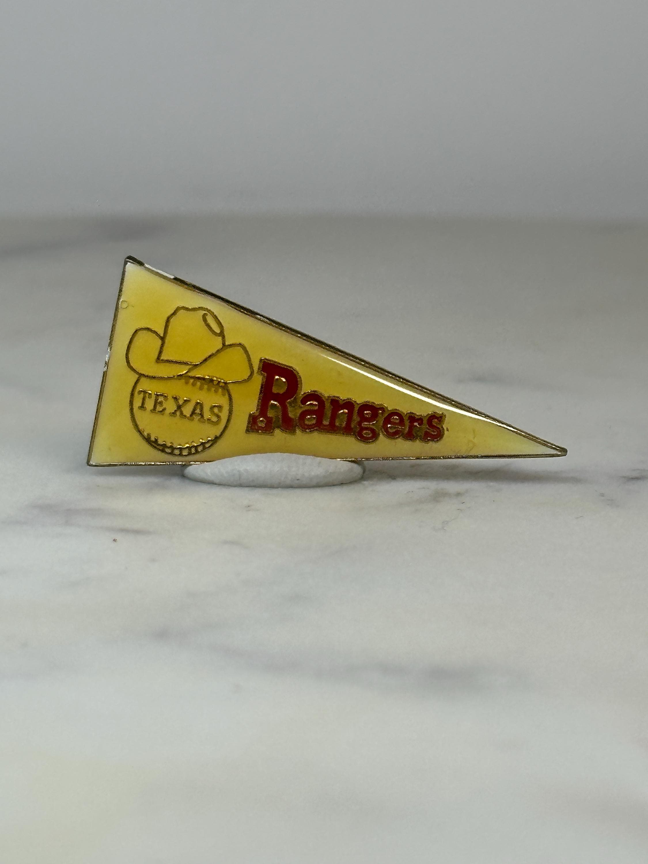 Texas Rangers Pennant Pin: Yellow Red Enamel - Vintage Sports Accessory