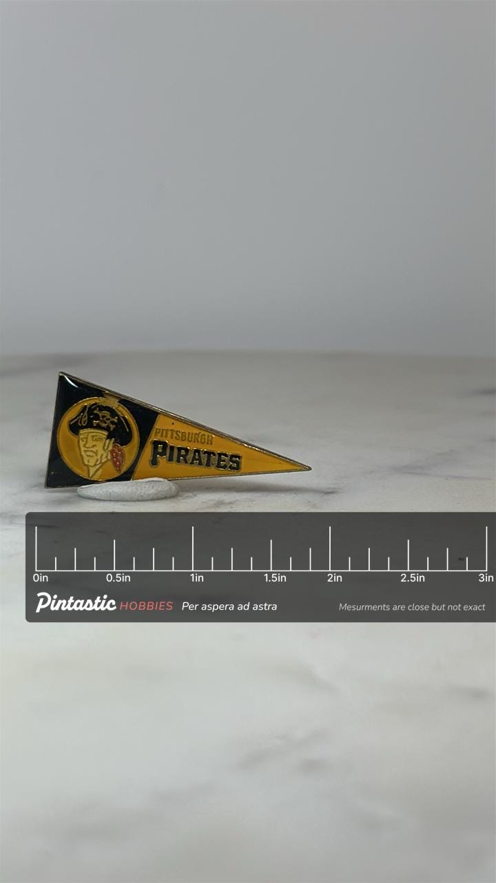 Pittsburgh Pirates Pennant Pin: Black & Yellow Enamel - Vintage Sports Accessory with ruler overlay for size reference