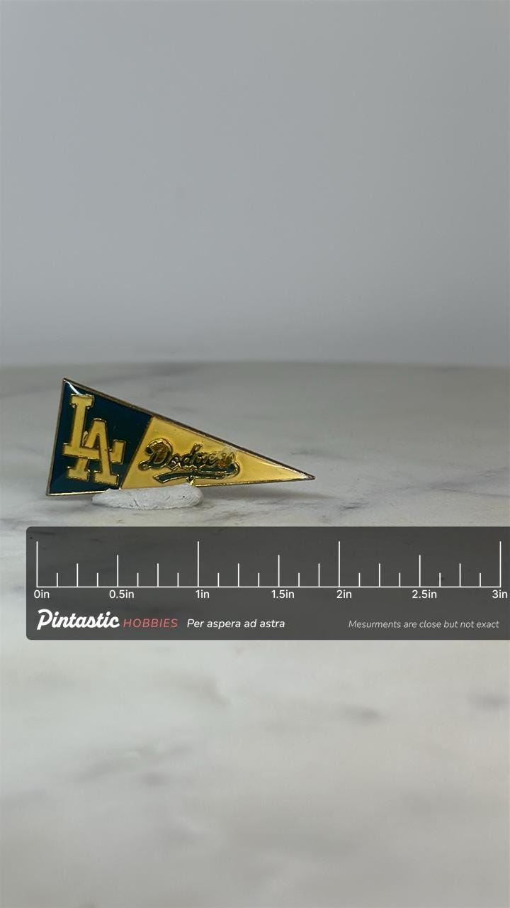 LA Dodgers Pennant Pin: Green & Yellow Enamel - Vintage Sports Accessory with ruler overlay for size reference