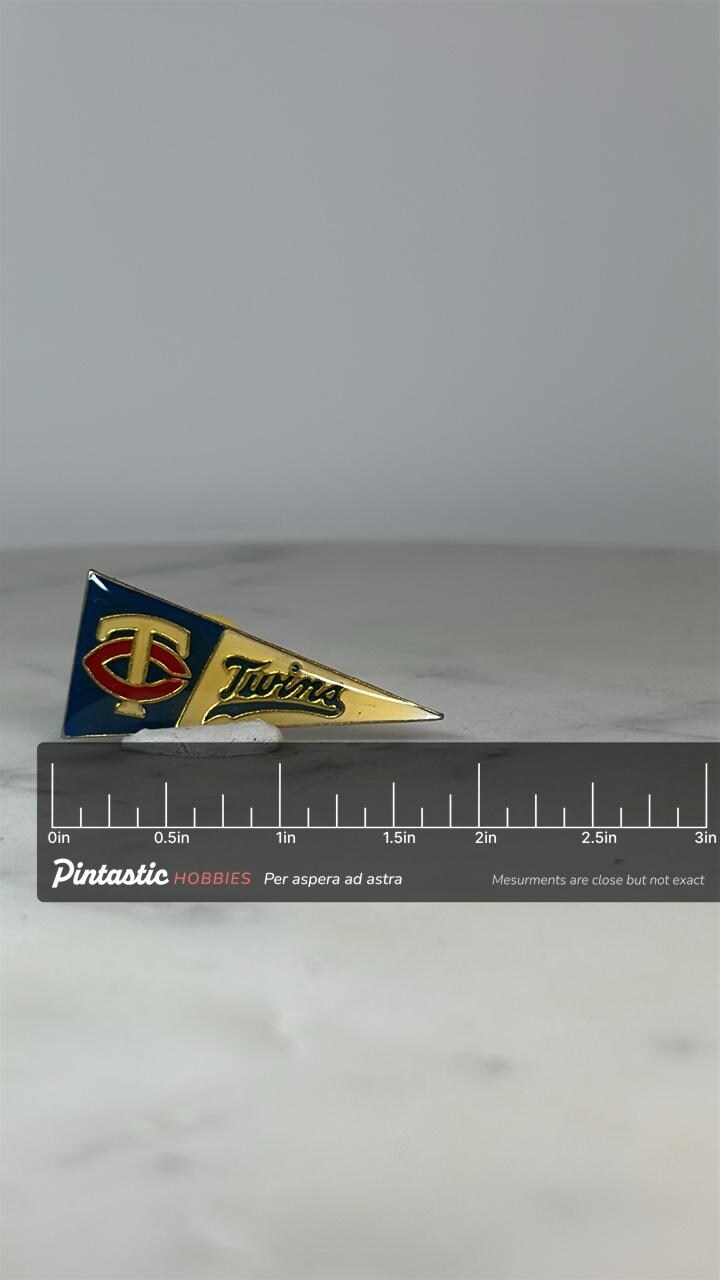 Minnesota Twins Pennant Pin: Enamel Gold Tone - Vintage Sports Accessory with ruler overlay for size reference