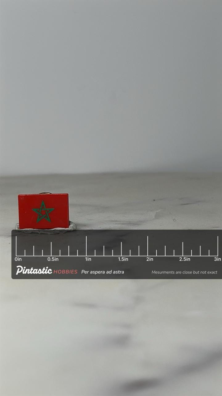 Morocco Flag Pin: Red Enamel with Green Star - Vintage Travel Accessory with ruler overlay for size reference