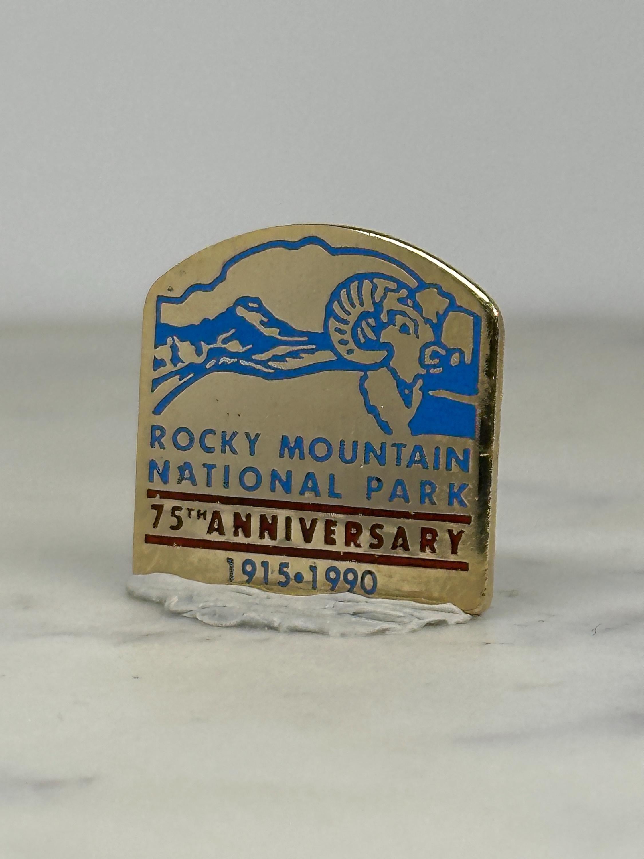 Rocky Mountain National Park Pin: Gold Tone Enamel - 1990 Anniversary Accessory