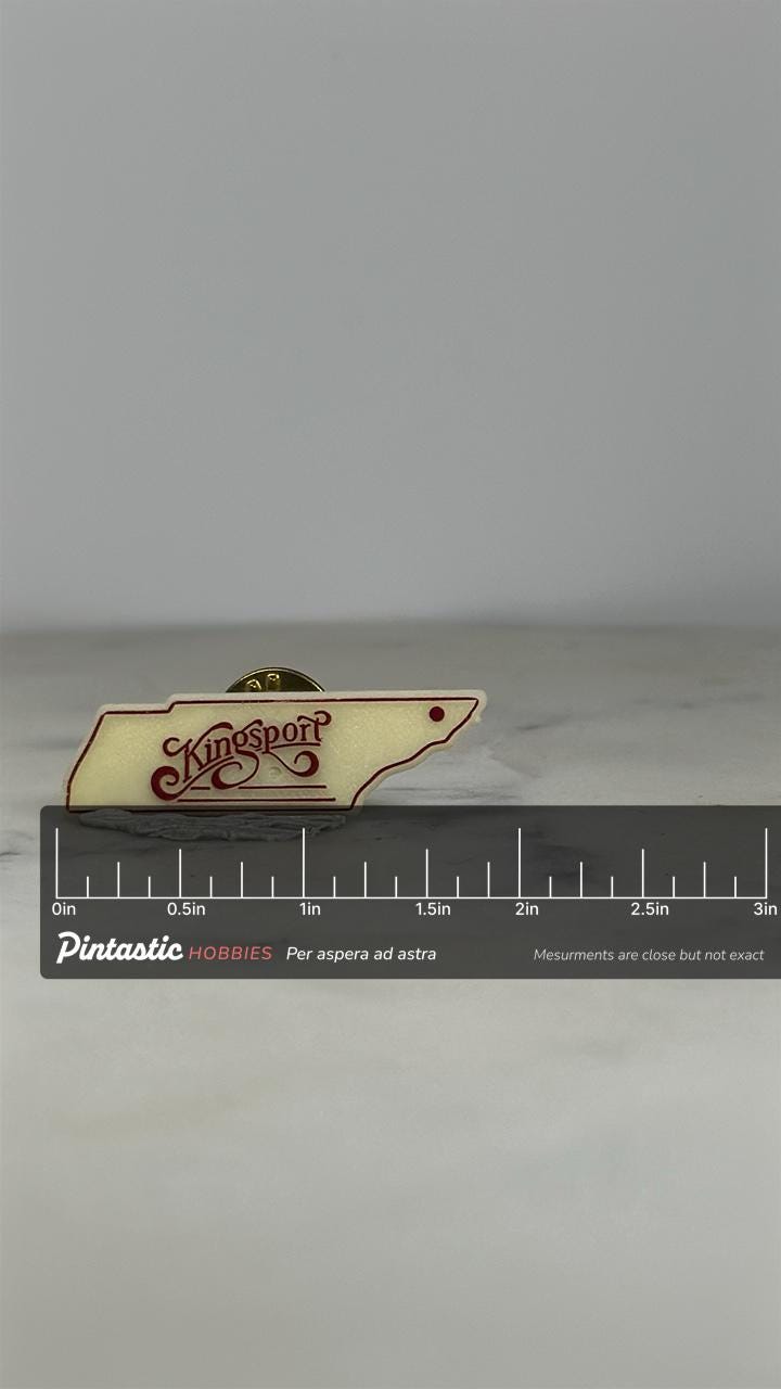 Kingsport Tennessee Pin: Cream & Red State Shape - Vintage Souvenir Accessory with ruler overlay for size reference