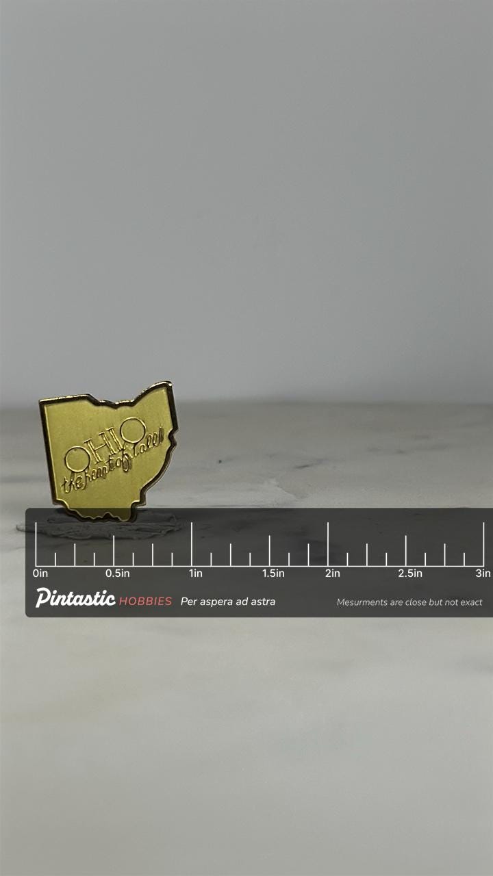 Ohio State Pin: Gold Tone Outline - Vintage Travel Accessory with ruler overlay for size reference