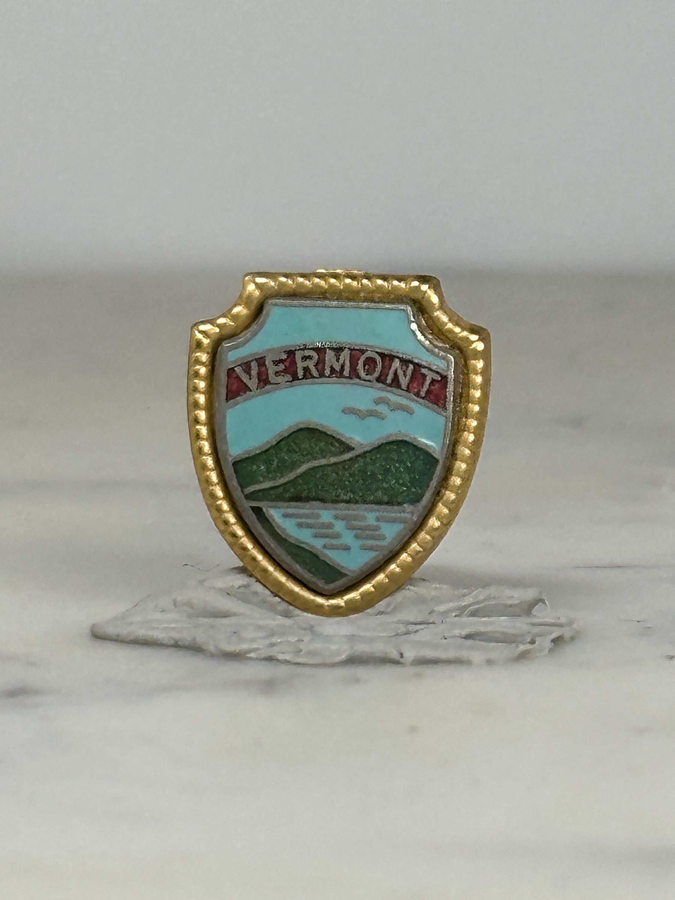 Vermont Travel Pin: Enamel Shield Goldtone - Vintage Souvenir Accessory