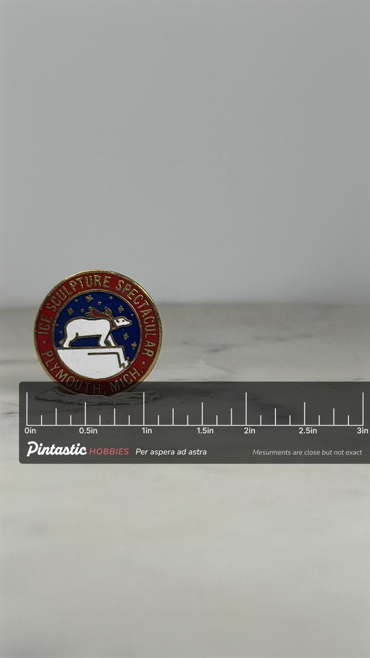 Ice Sculpture Spectacular Pin: Red White Blue Enamel - Plymouth MI Souvenir with ruler overlay for size reference