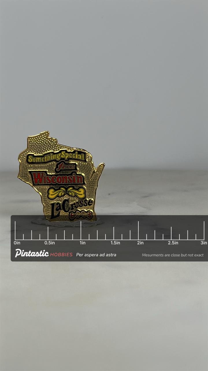 Wisconsin State Pin: Gold Enamel Finish - La Crosse Souvenir Accessory with ruler overlay for size reference