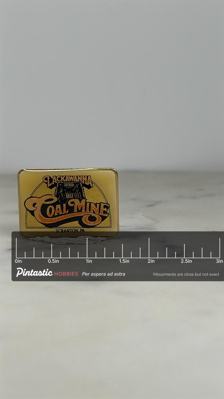 Lackawanna Coal Mine Pin: Yellow Enamel Rectangle - Vintage Souvenir Accessory with ruler overlay for size reference