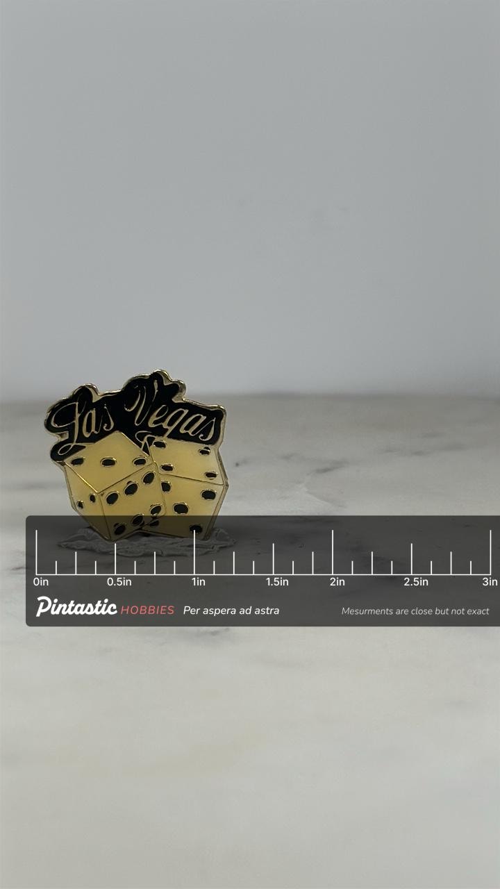 Las Vegas Dice Pin: Gold Enamel Finish - Vintage Souvenir Accessory with ruler overlay for size reference