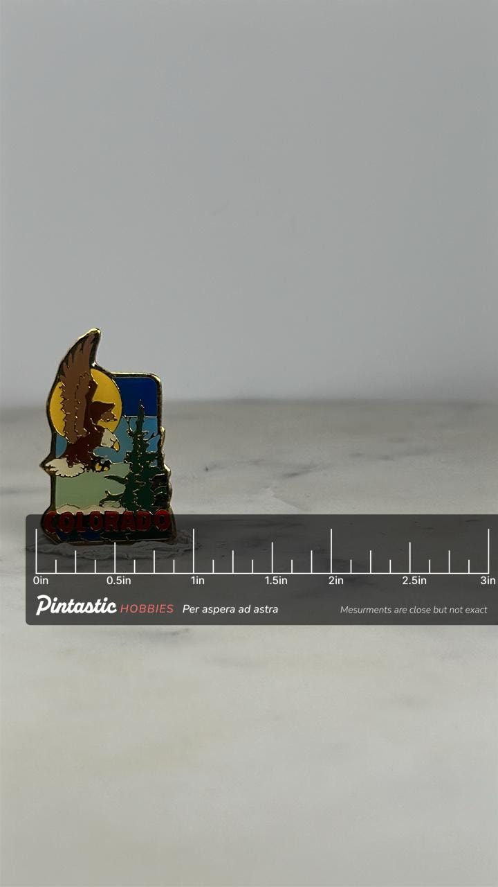Colorado State Pin: Bold Enamel Eagle Scene - Vintage Travel Accessory with ruler overlay for size reference