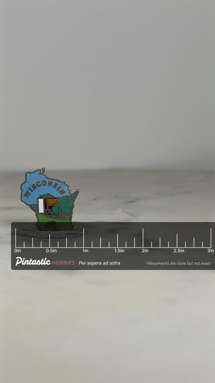 Wisconsin State Pin: Colorful Enamel Finish - Vintage Travel Accessory with ruler overlay for size reference