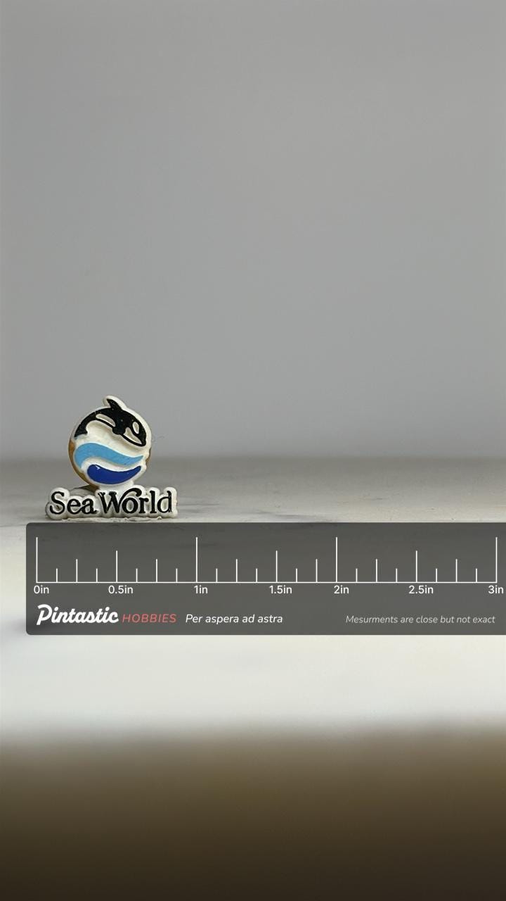 Seaworld whale enamel pin: black & blue logo – vintage theme accessory with ruler overlay for size reference