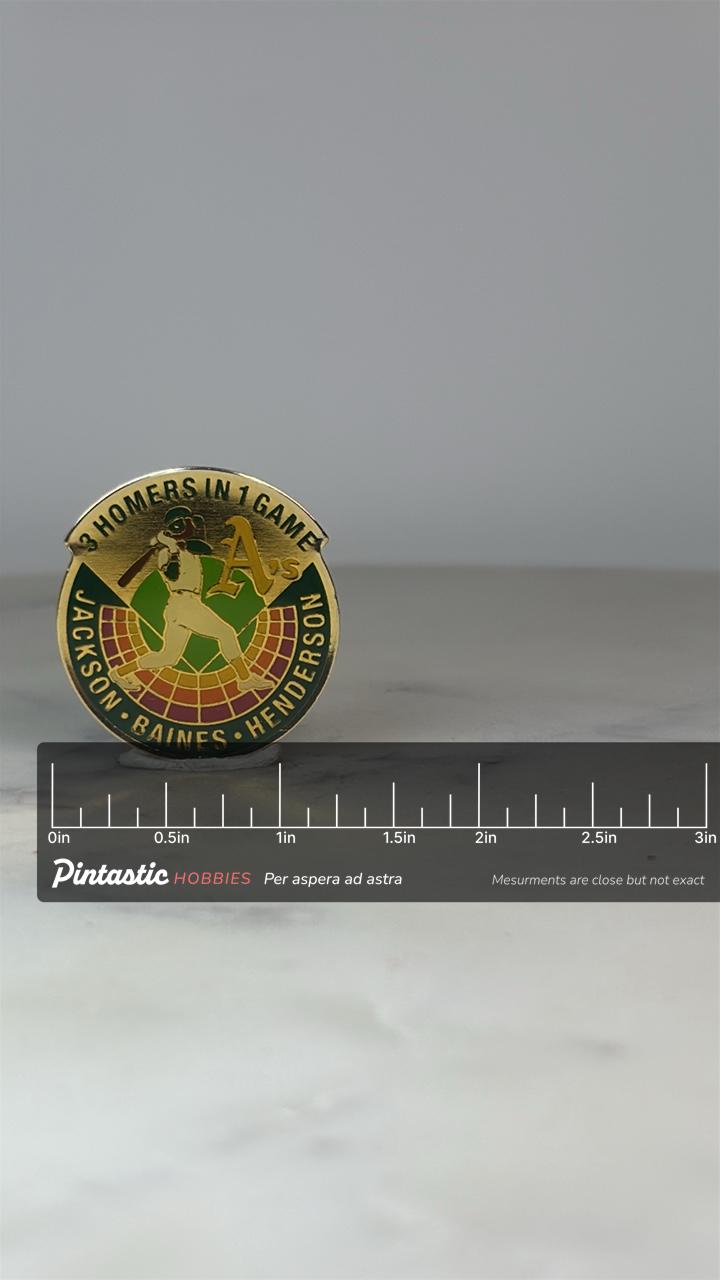 Oakland A's Baseball Pin: Gold Enamel Finish - Vintage Sports Accessory with ruler overlay for size reference