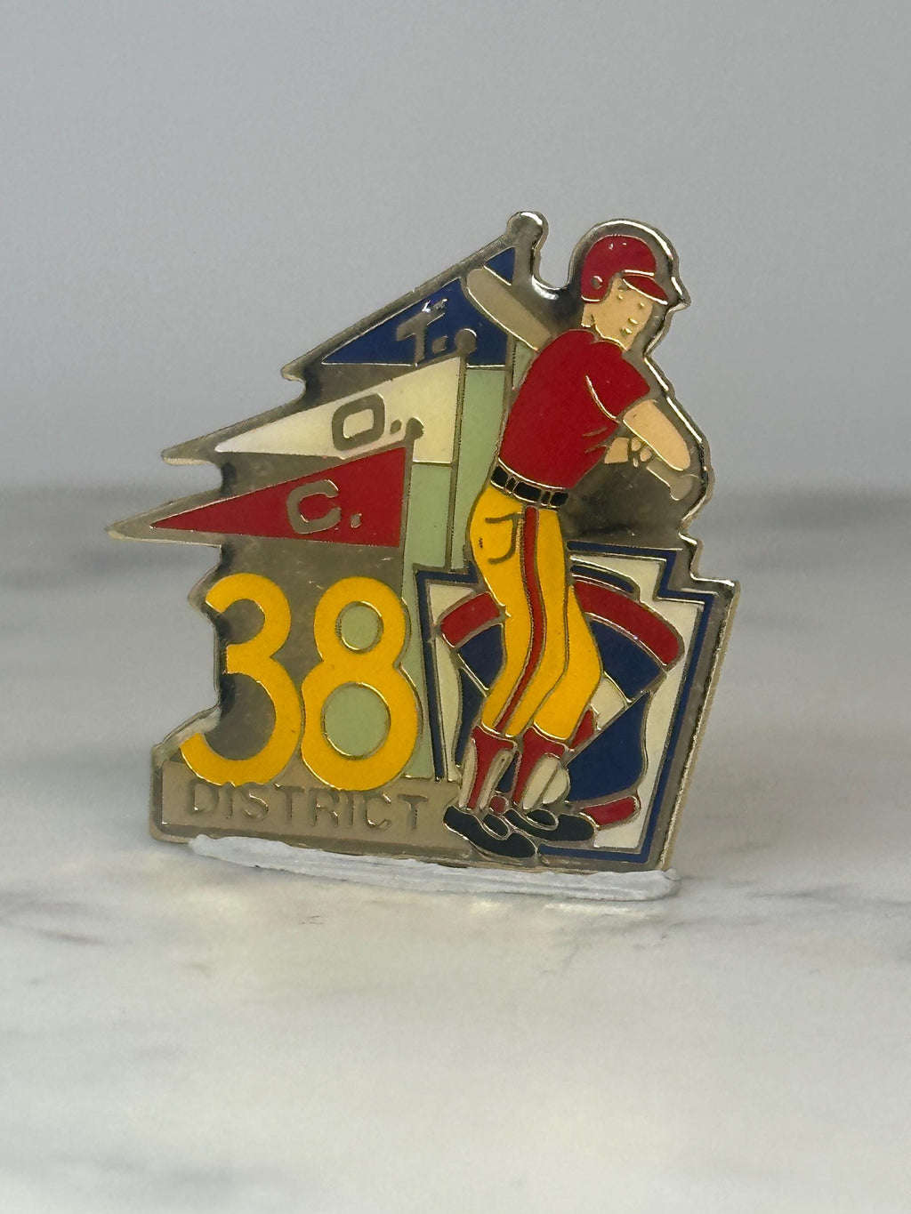 District 38 Little League Baseball Pin: Red Yellow Enamel - Vintage Sports Accessory