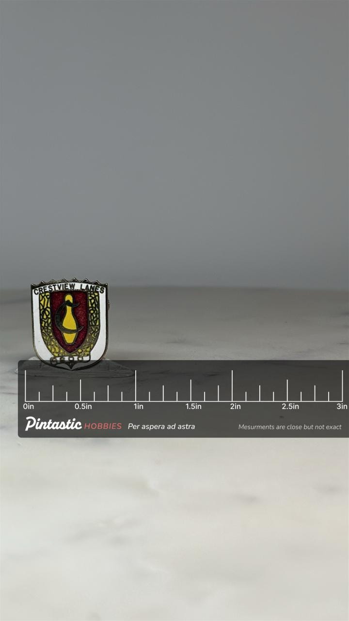Crestview Lanes 200 Bowling Pin: Red White Gold Enamel - Mid-Century Accessory with ruler overlay for size reference
