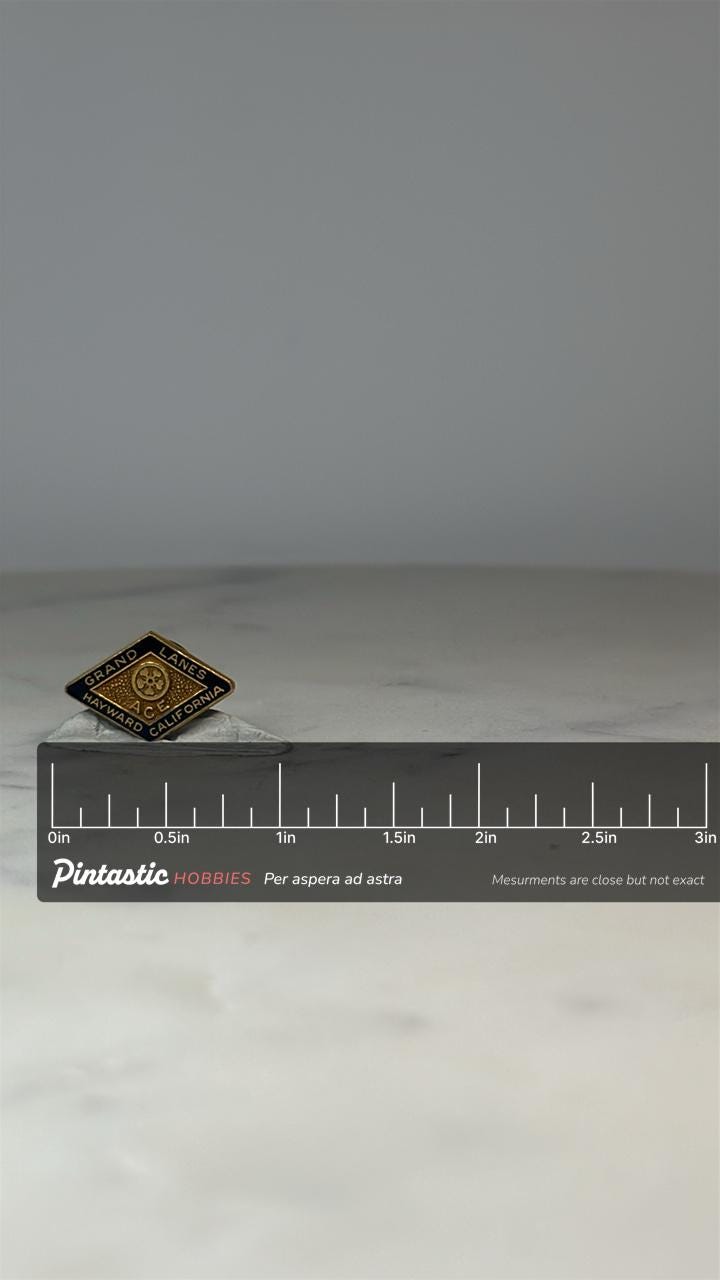 Grand Lanes Bowling Pin: Gold & Navy Enamel - Vintage California Accessory with ruler overlay for size reference