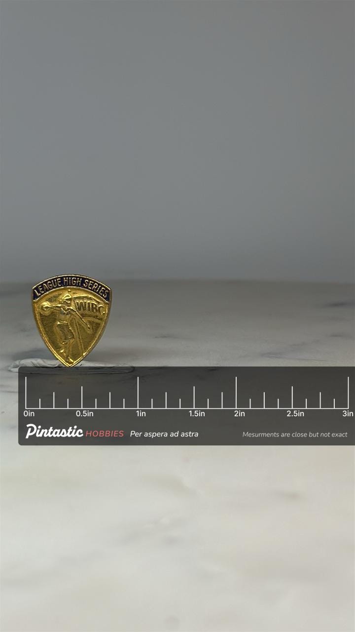 WIBC League High Series Pin: Gold & Purple Enamel - Vintage Bowling Accessory with ruler overlay for size reference