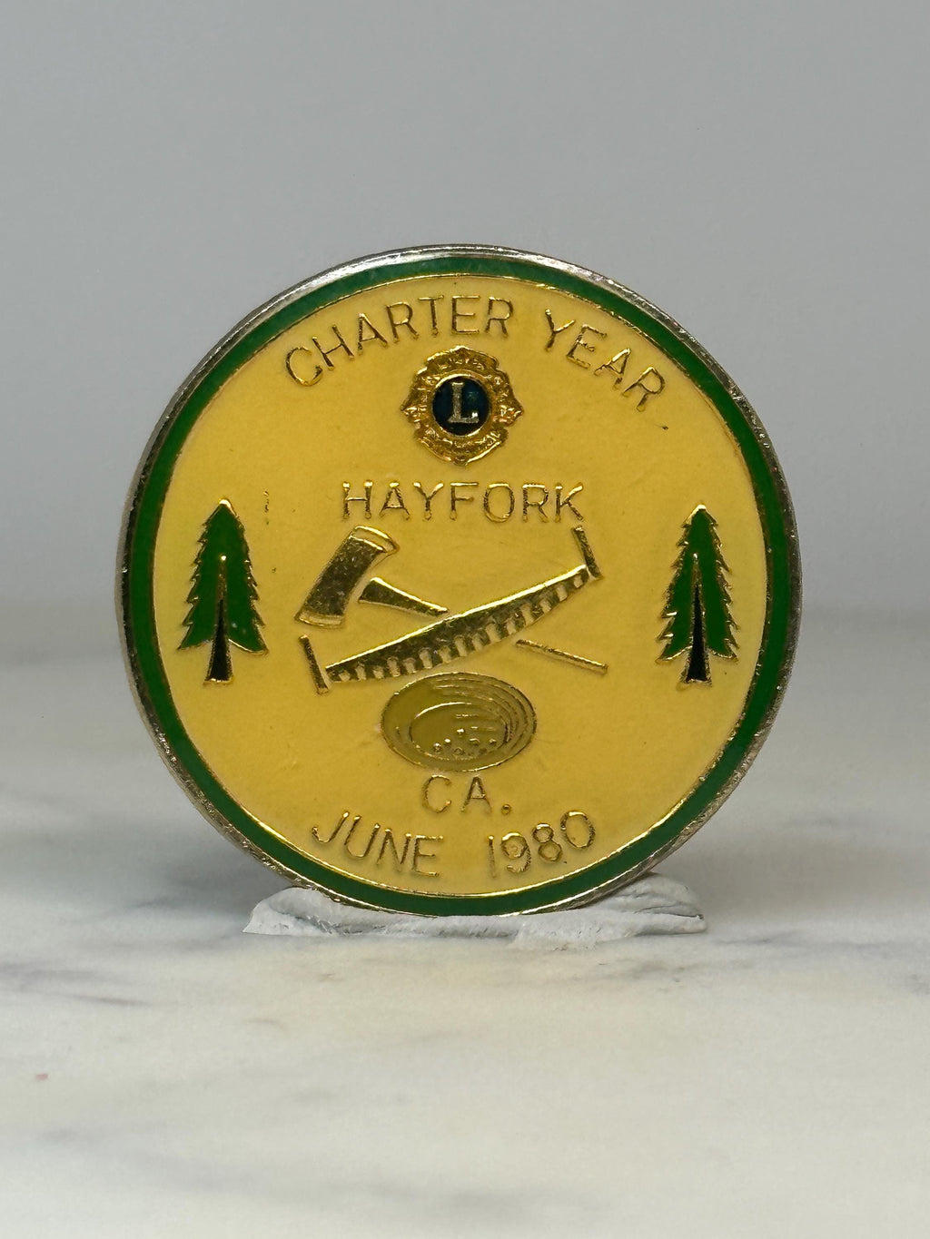 Hayfork Lions Club Pin: Yellow Green Enamel - 1980 Charter Year Accessory
