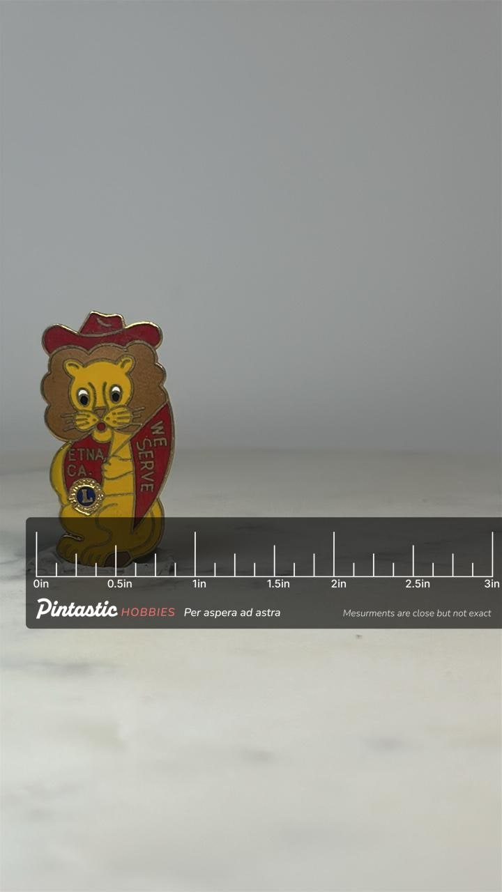 Lions Club Lapel Pin: Etna CA Yellow Red Enamel - Vintage Service Accessory with ruler overlay for size reference