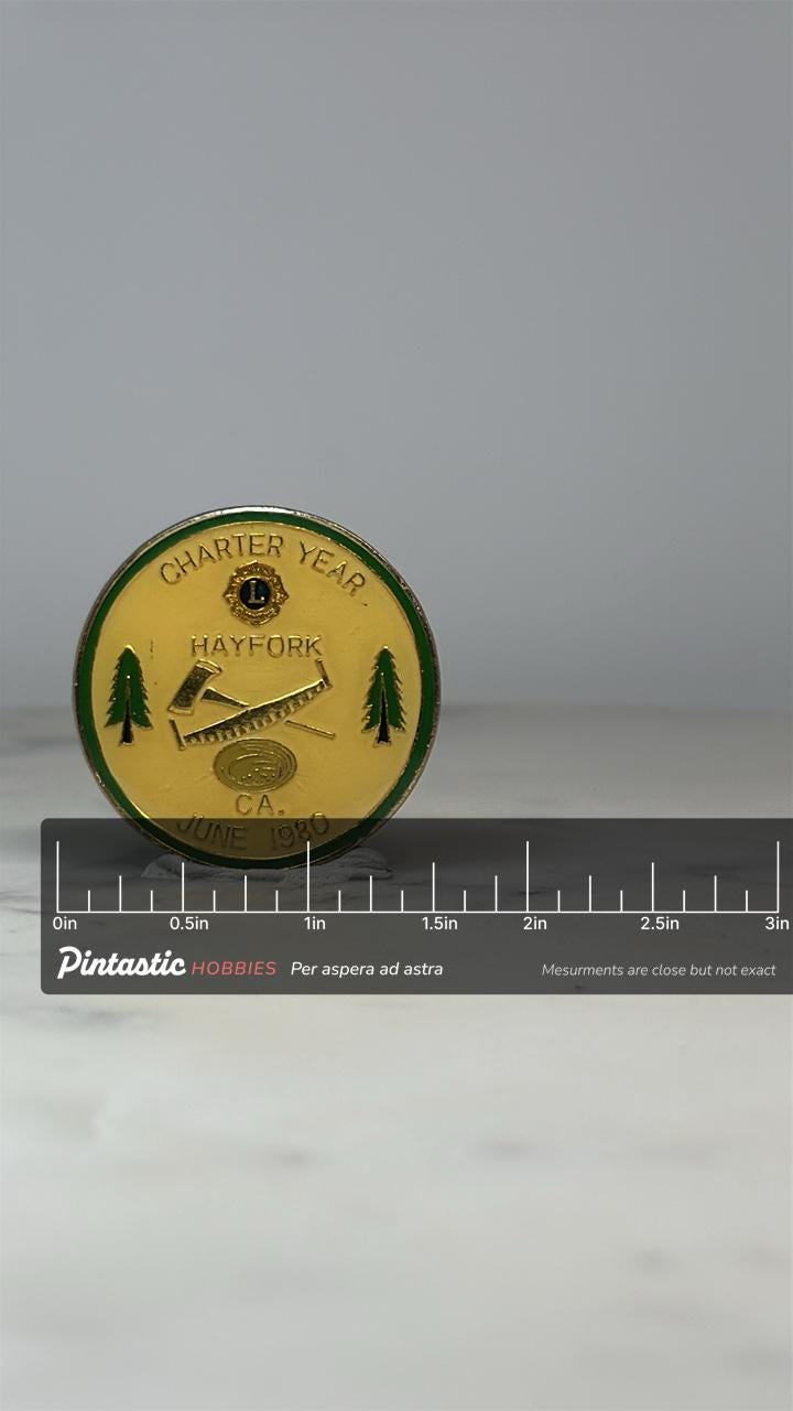 Hayfork Lions Club Pin: Yellow Green Enamel - 1980 Charter Year Accessory with ruler overlay for size reference