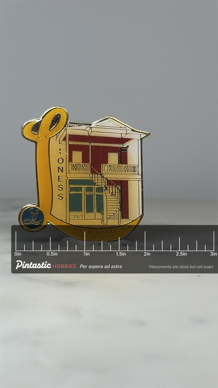 Weaverville CA Lioness Lodge Pin: Gold Red Enamel - 1980s Lion Club Accessory with ruler overlay for size reference