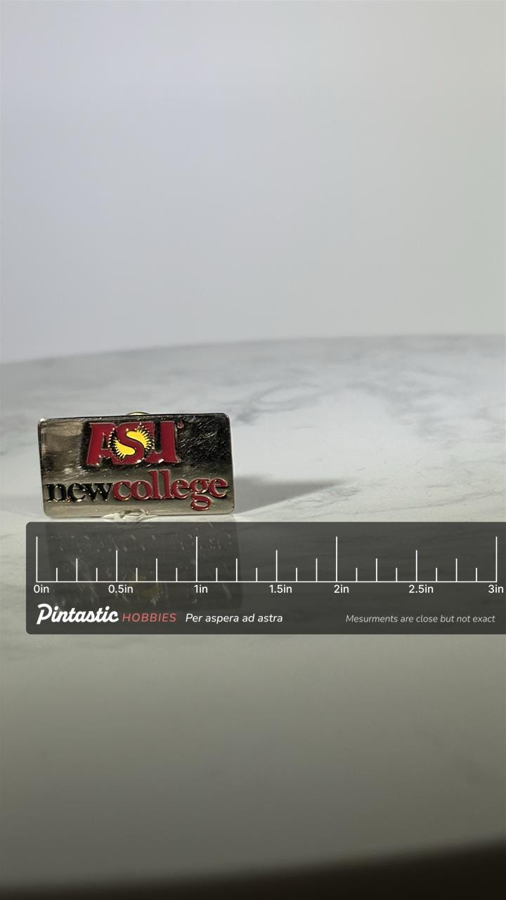 ASU New College Pin: Silver Red Enamel - Vintage University Accessory with ruler overlay for size reference
