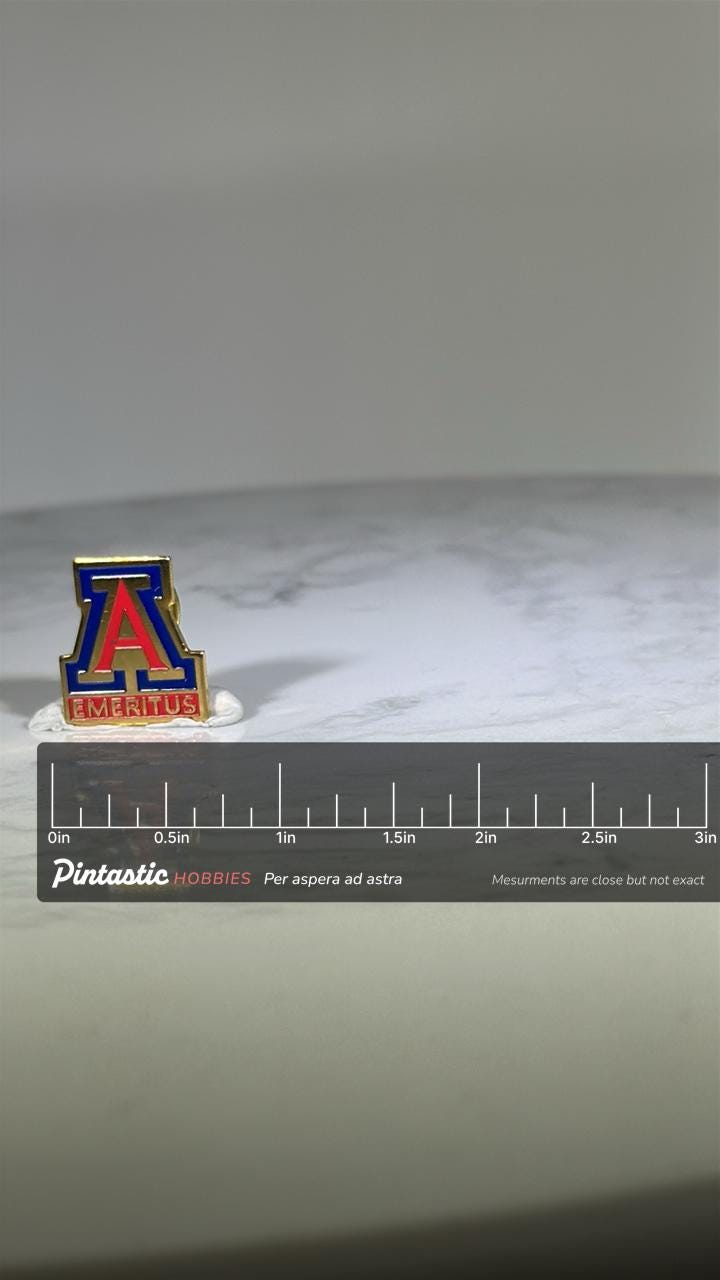 University of Arizona Emeritus Pin: Gold Red Blue Enamel - Academic Honor Accessory with ruler overlay for size reference