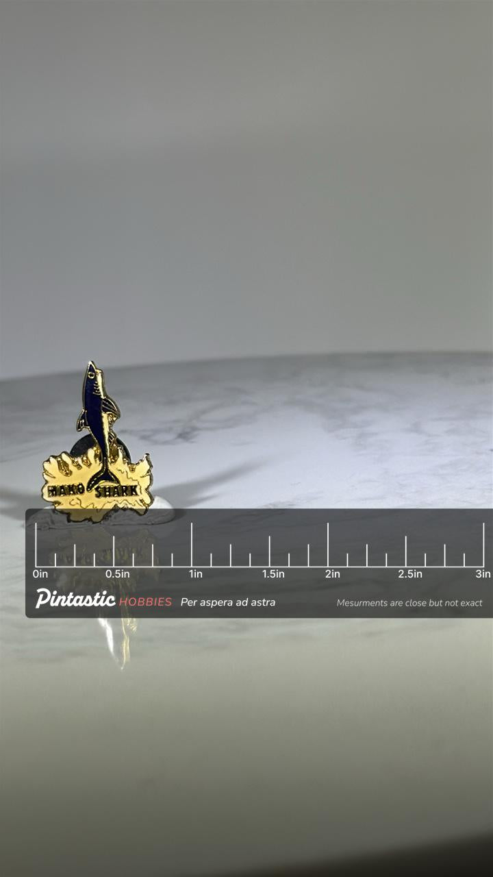 Mako Shark Lapel Pin: Gold & Navy Enamel - Ocean Wildlife Accessory with ruler overlay for size reference