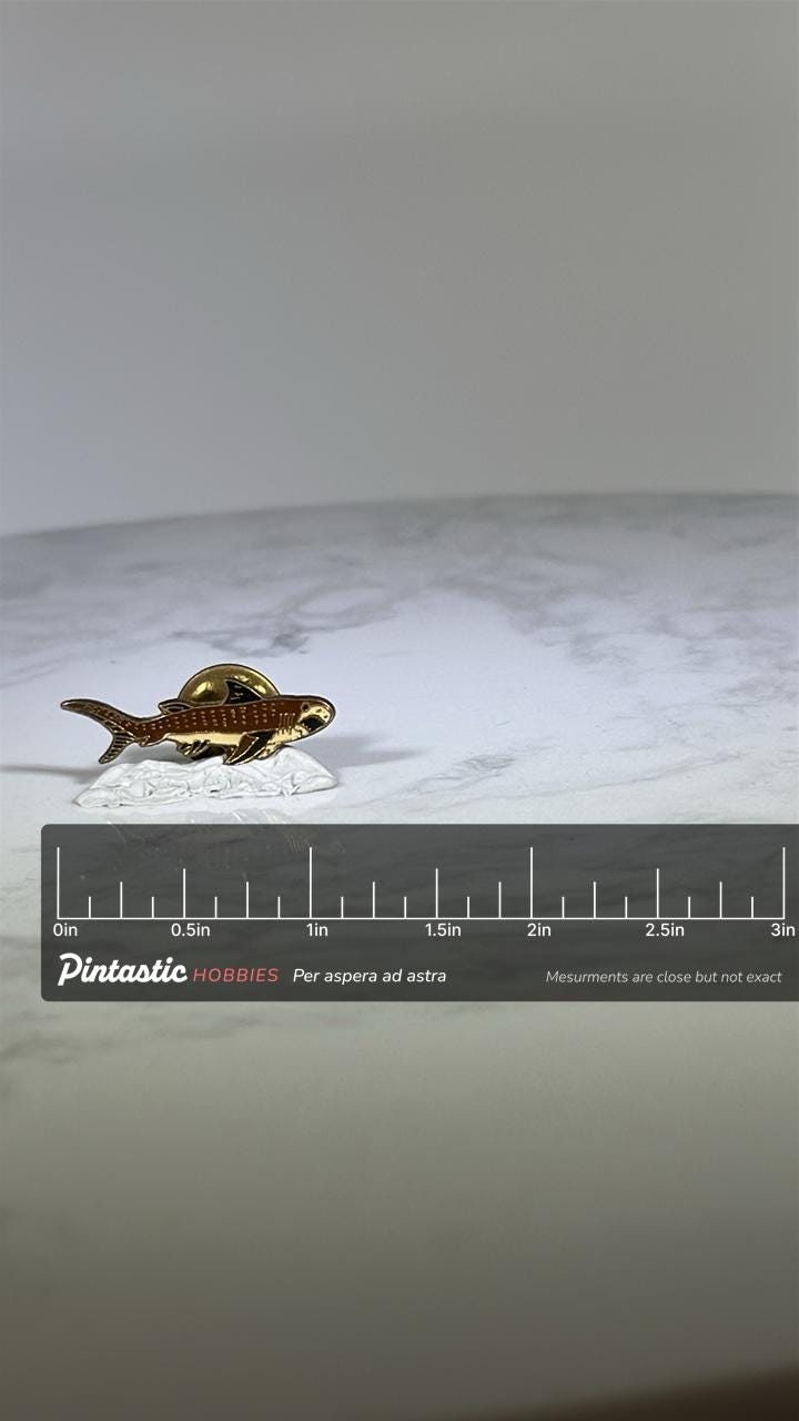 Whale Shark Lapel Pin: Gold & Brown Enamel Finish - Vintage Ocean Accessory with ruler overlay for size reference