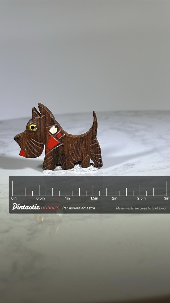 Scottish Terrier Dog Lapel Pin: Hand-Carved Wood - Mid-Century Novelty Accessory with ruler overlay for size reference