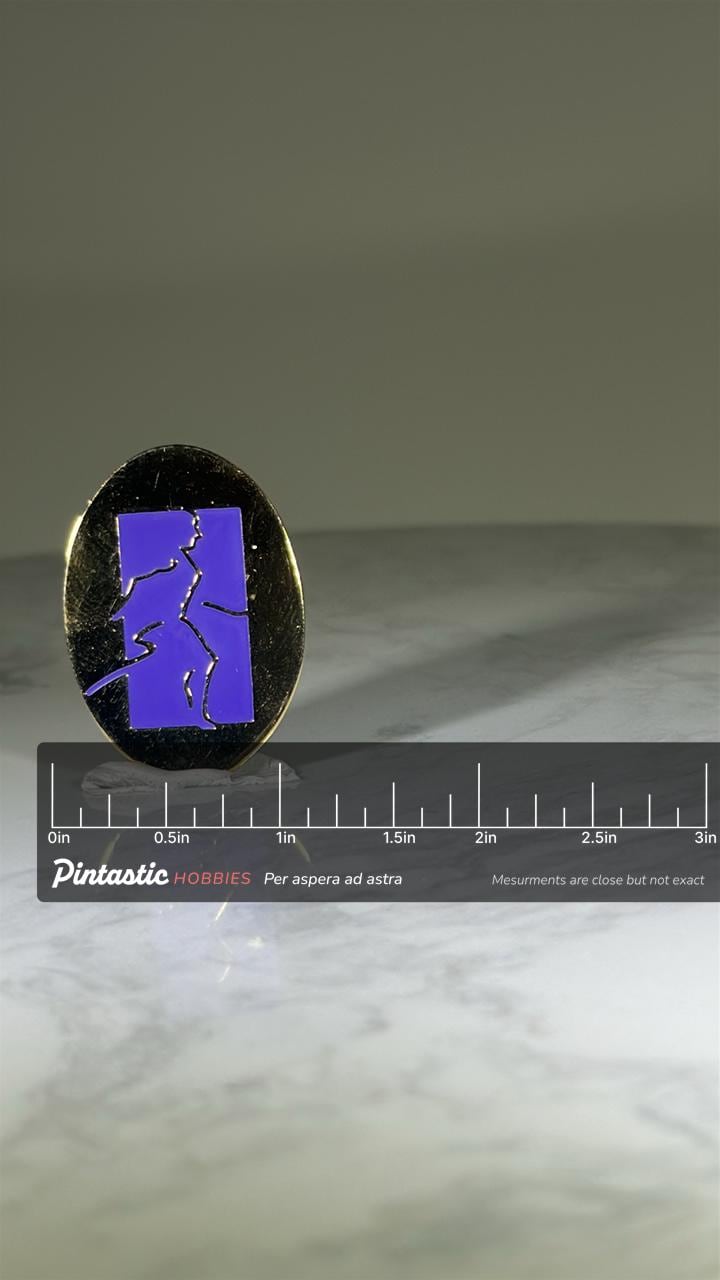 Women's Sports Foundation Pin: Gold & Purple Enamel - Retro Art Sport Accessory with ruler overlay for size reference
