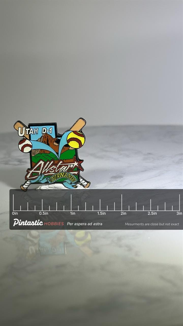 Utah D-1 Baseball & Softball Pin: Colorful Enamel Finish - All-Star Tournament Accessory with ruler overlay for size referenc