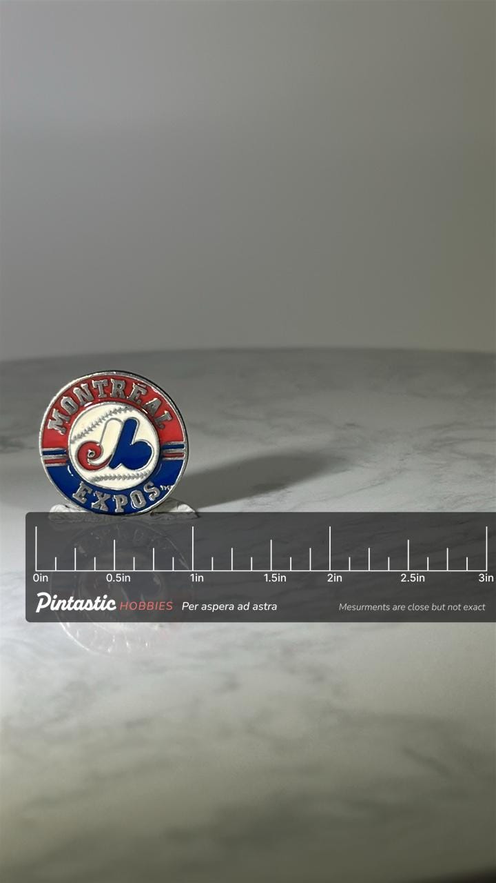Montreal Expos Baseball Pin: Red White Blue Enamel - Vintage Sports Accessory with ruler overlay for size reference
